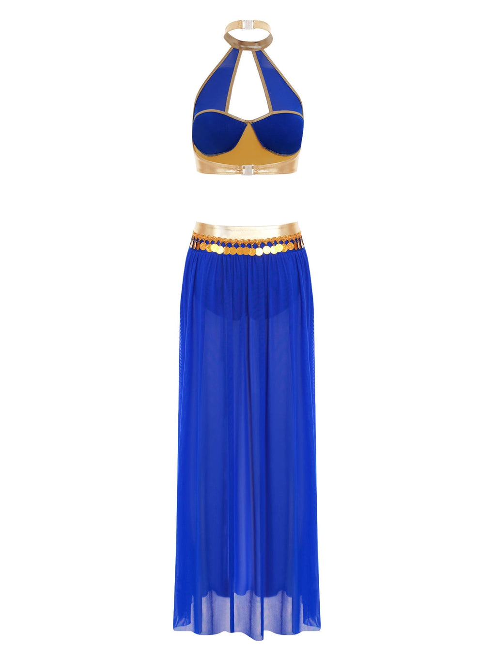 YiZYiF Women's Belly Dance Costume Halter Crop Top with Sequin Tassel Split Mesh Long Skirt 2Pcs Set Red A S