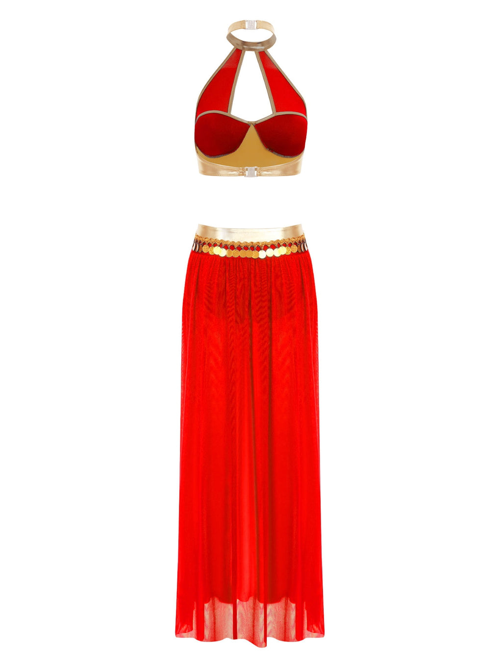 YiZYiF Women's Belly Dance Costume Halter Crop Top with Sequin Tassel Split Mesh Long Skirt 2Pcs Set Red A S