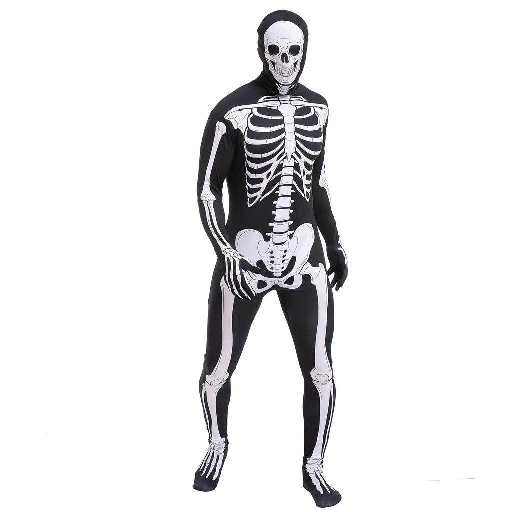 Joyfy Skeleton Costume for Adults, Skeleton Bone Bodysuit Halloween Costumes for Men with Skeleton Hood Mask, Halloween Party Fancy Dress-up