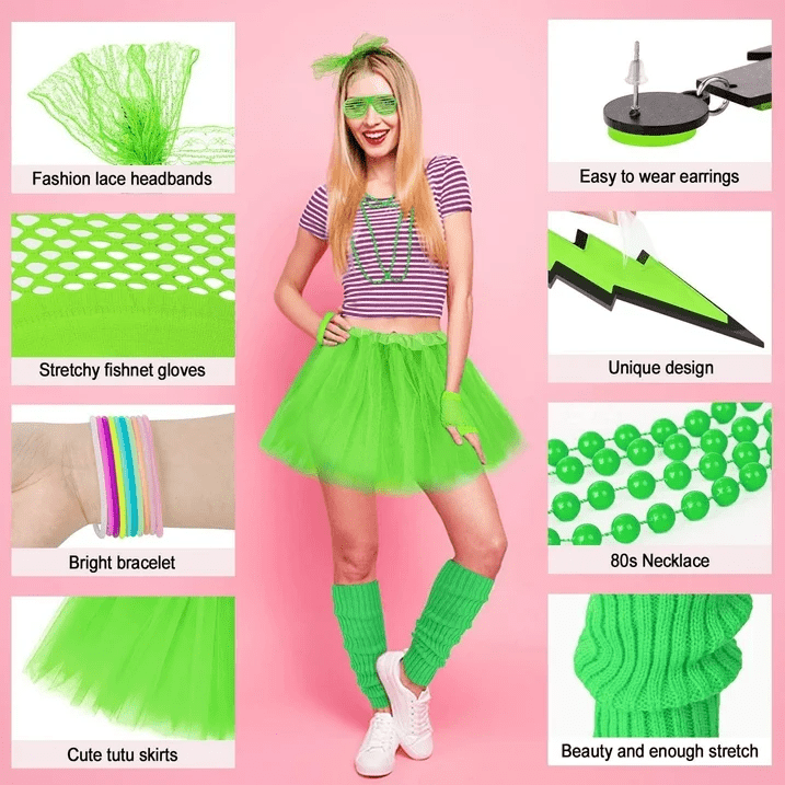 Loritta 80s Costumes for Women Fancy Outfit Accessories Set with Fishnet Gloves Leg Warmers Tutu Skirts for Theme Party