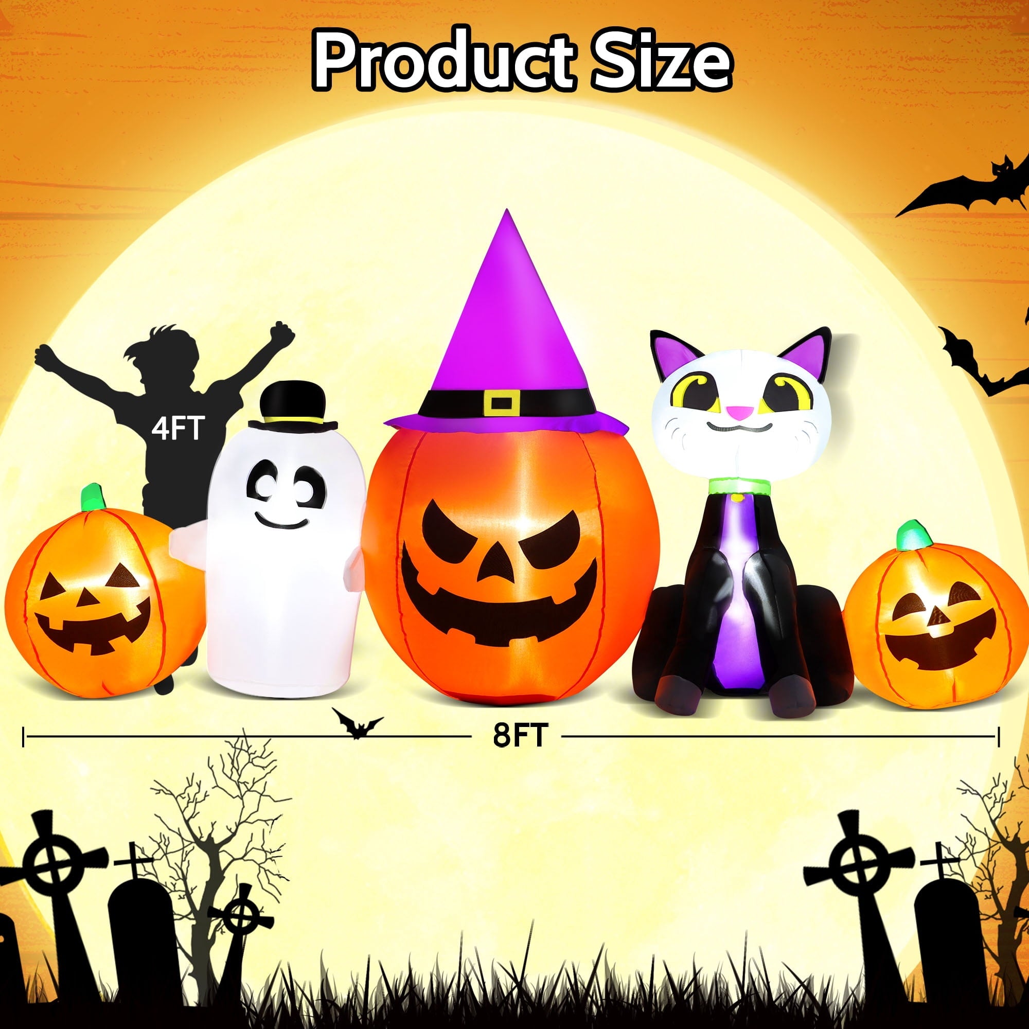 Yexmas 8ft Halloween Inflatable Pumpkins Outdoor Decor with Black Cat and Spectre,Built-in LED Lights,for Halloween Party,Yard,Garden,Lawn
