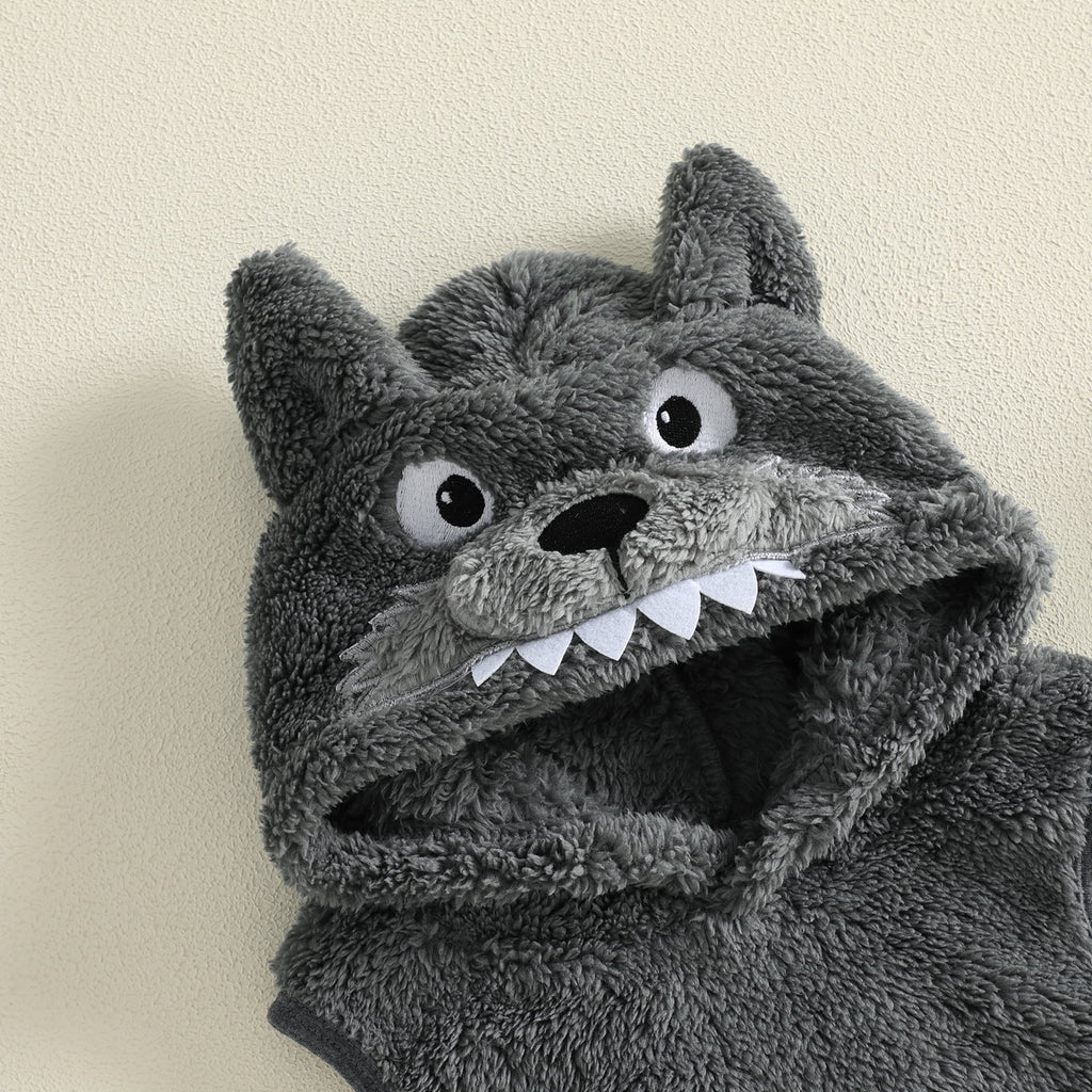 RUINIXCW Newborn Baby Boy Halloween Wolf Costume Kids Infant Animal Cosplay Outfit Toddler Fall Winter Clothes Warm Fleece Hooded Sleeveless Romper