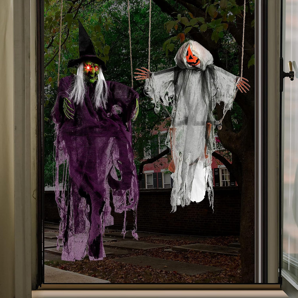 Joyfy 2 Packs Halloween Decorations Outdoor Hanging Swinging Skeleton Ghosts,3 ft Light Up Creepy Grim Reaper Decorations for Halloween Hanging Decorations Indoor Outdoor Yard