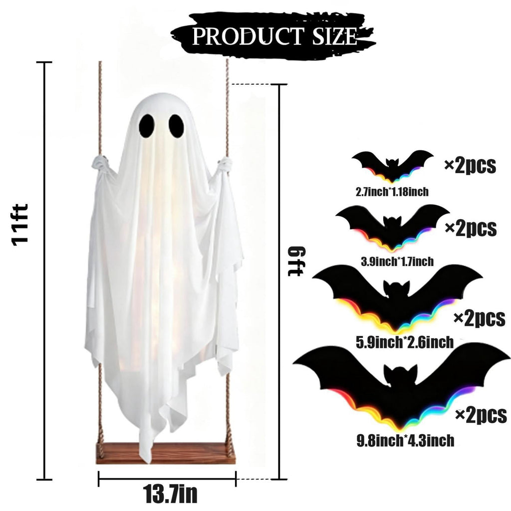 Halloween Decorations Outdoor - 5 FT Large Hanging Swing Ghost Halloween Decor with String Lights, Spooky Cute Ghosts Decorations for Front Porch Yard Tree