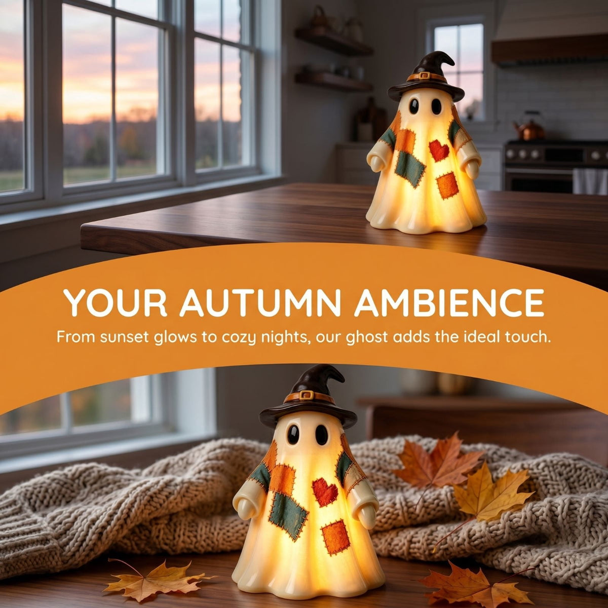 Lighted Vintage Patchwork Ghost, Rustic Farmhouse Halloween LED Light Up Ghost with Pumpkin Lantern, Spooky Cute Fall Decor for Mantel, Shelf, Tiered Tray, Entryway Porch Tabletop