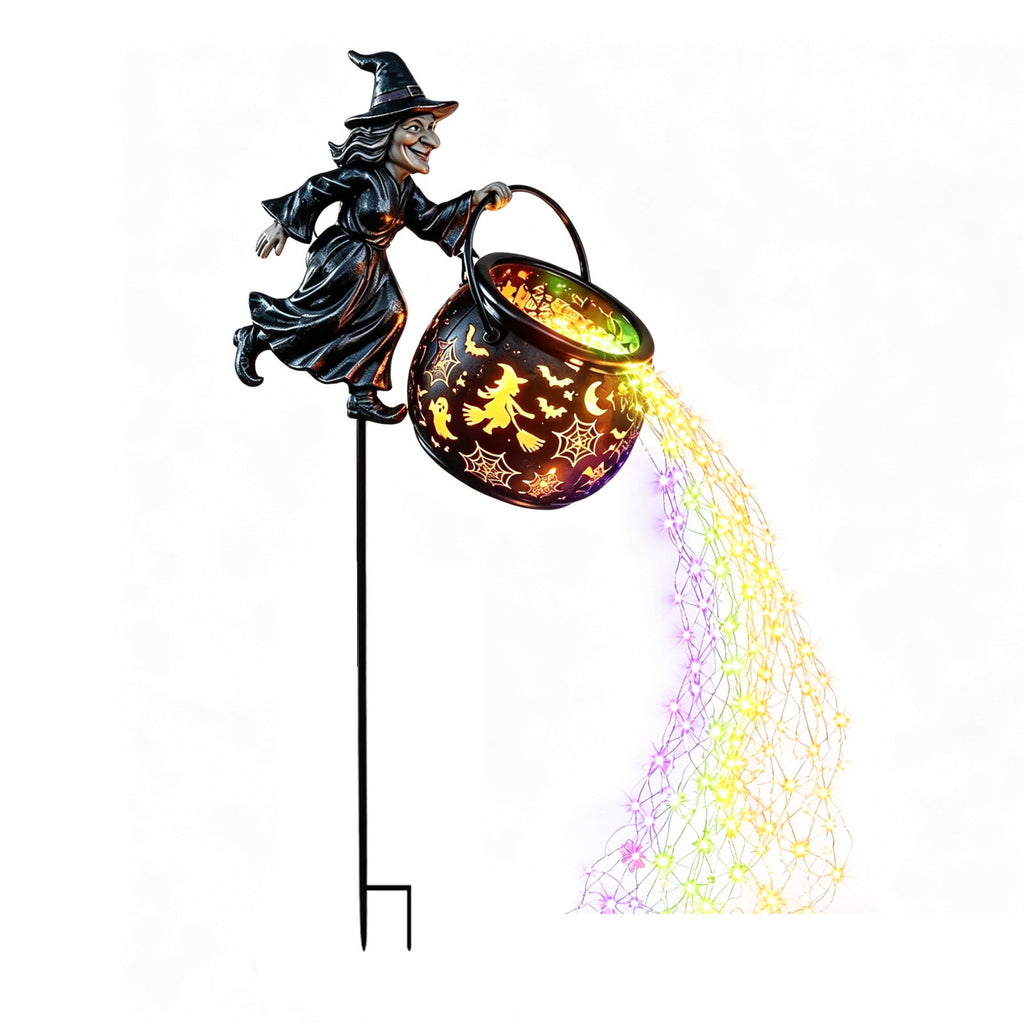 Halloween Witch Cauldron Garden Stake Lights, 2.7Ft LED Color Waterfall-Style Light Flow Flying Witch Garden Stake, Waterproof Weather Resistant Projector Lights for Outdoor Yard, Lawn, Pathway