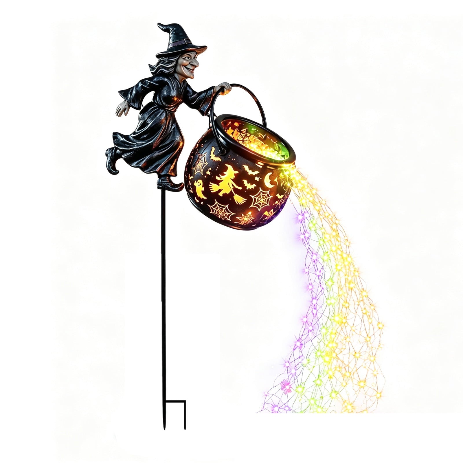 Halloween Witch Cauldron Garden Stake Lights, 2.7Ft LED Color Waterfall-Style Light Flow Flying Witch Garden Stake, Waterproof Weather Resistant Projector Lights for Outdoor Yard, Lawn, Pathway