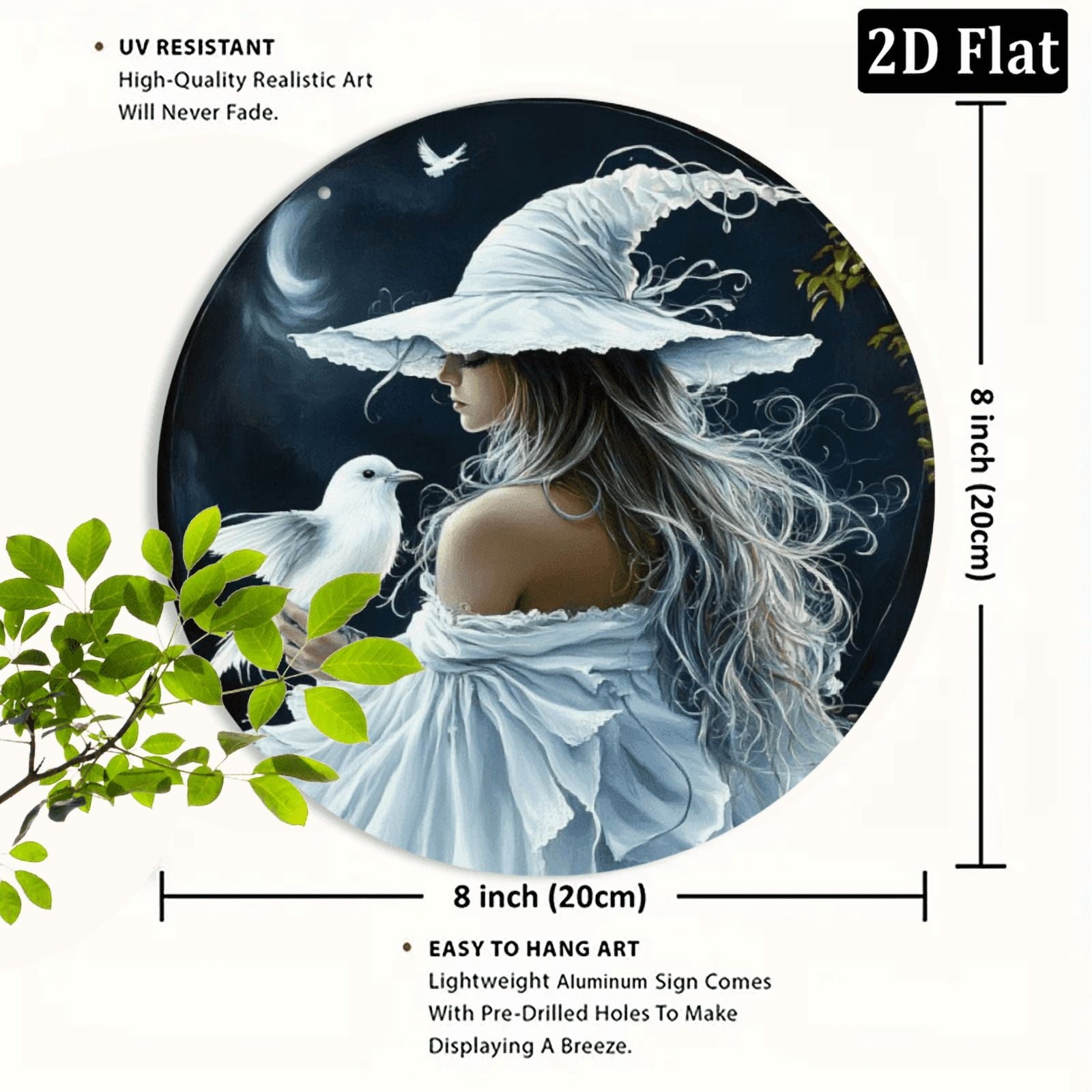 2D Enchanting White Witch &amp; Cat Round Sign - 8*8 Inch _ Durable, Fade-Resistant Wall Art for Home, Office, Cafe _ Mystical Forest &amp; Starry Sky Design _ Ideal Halloween &amp; Thanksgiving Gift