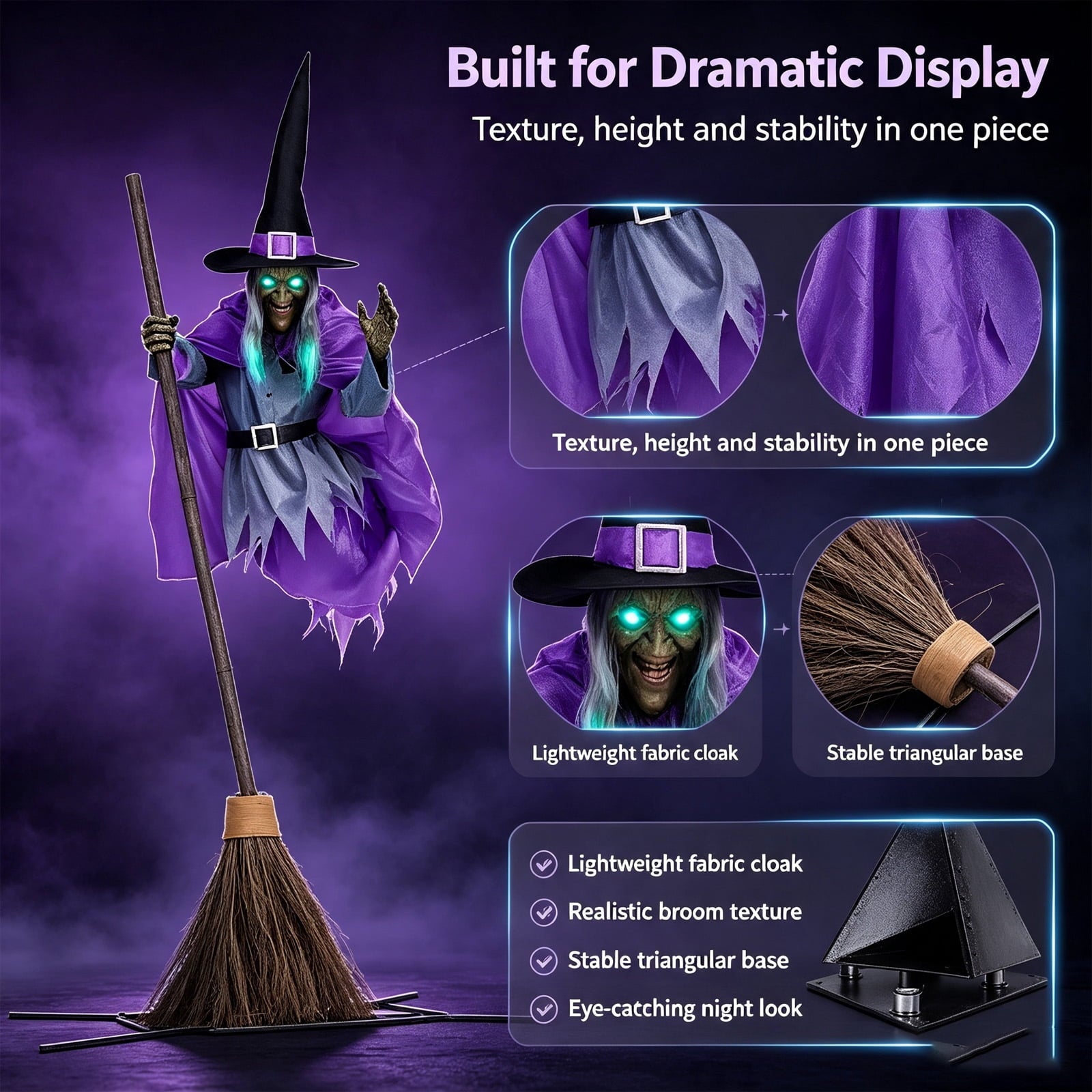Halloween Flying Witch on Broom Decorations, 6 FT Animated Hovering Witch Animatronics Holding Sweeper Props with Scary Sounds and Lights, House Decor for Outside Indoor Garden Yard Lawn
