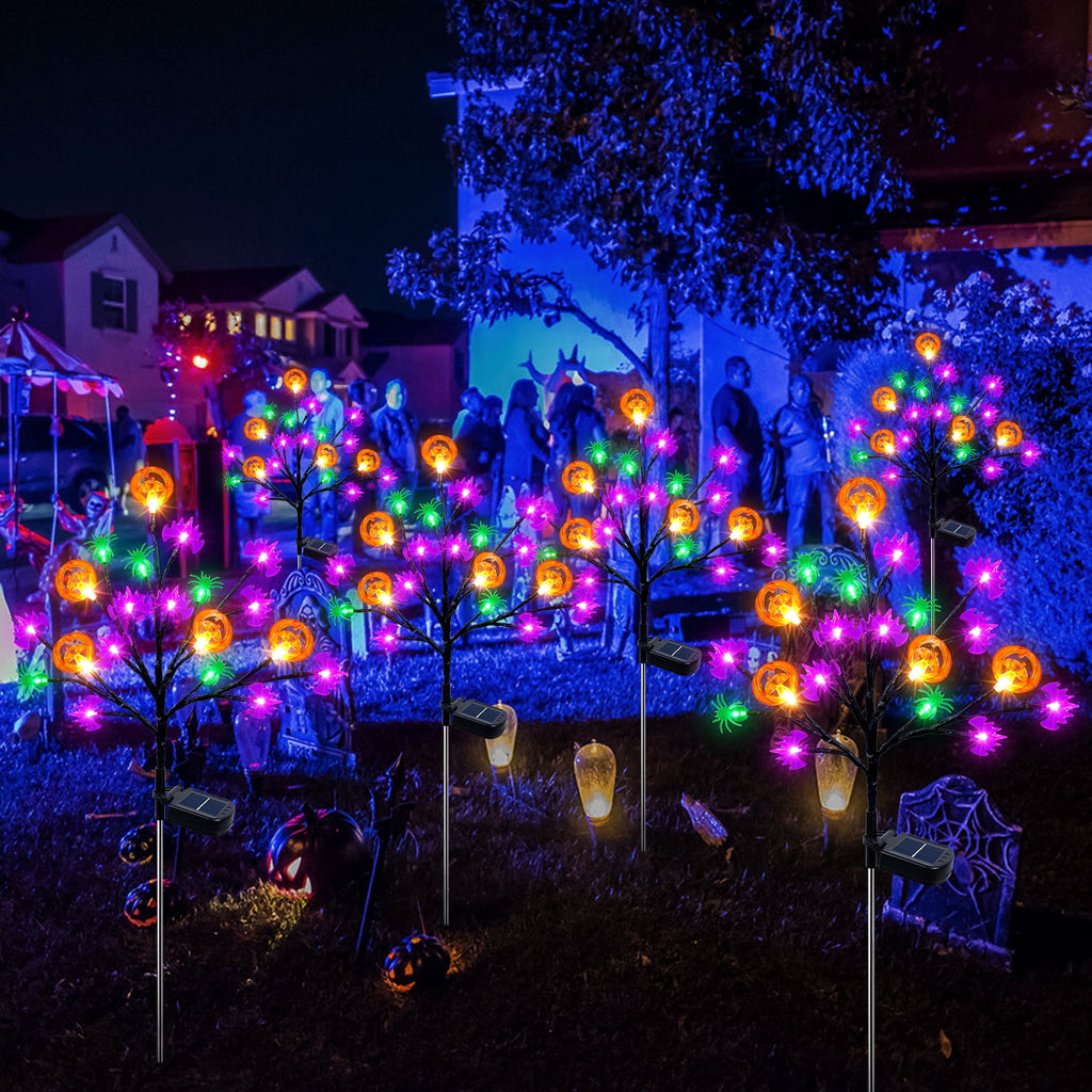 Qoosea 2 packs 40 LED Solar Halloween Lights, 2 Modes Halloween Bats Spiders Pumpkin Lights for Outdoor Decorations, Waterproof Stakes for Garden Yard Pathway Walkway