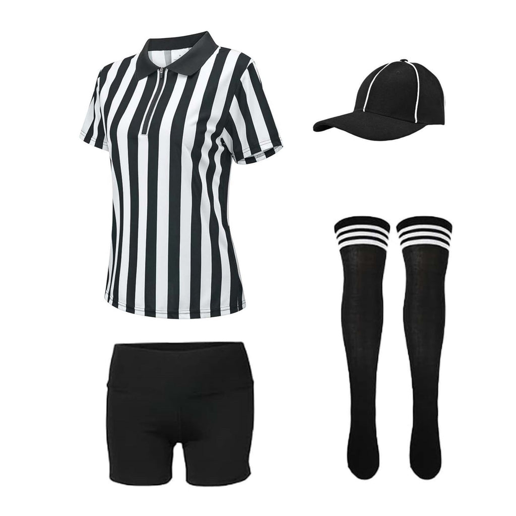 MARTINE MALL 4 Pcs Women Referee Costume Black and White Stripe Ref Shirt Jersey Shorts Referee Hat for Halloween Party Costumes Outfits
