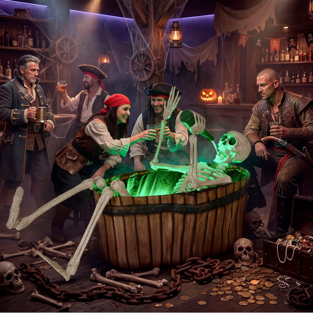 Joyfy 5ft Drinking Skeleton Halloween Animatronic Decorations, Outdoor Haunted Props with Endless Liquid Pouring Effect, Green LED Lights & Spooky Sounds, Life-Size Skeleton for Garden Yard Lawn