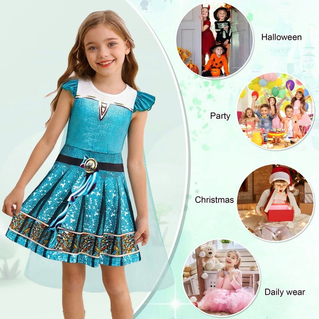 Benylion Girls Ice Princess Dress Halloween Cosplay Costumes With Tulle Cape Kids Birthday Party Dress up Outfit for 7-8 Years