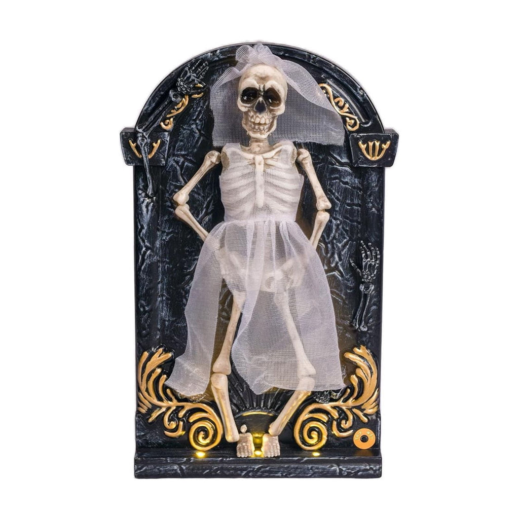Halloween Animated Skeleton Tombstone Door Hanging Decor, Light Up Moving Skull Ornament with Warm LED, Gothic Front Door Wall Prop for Party Home