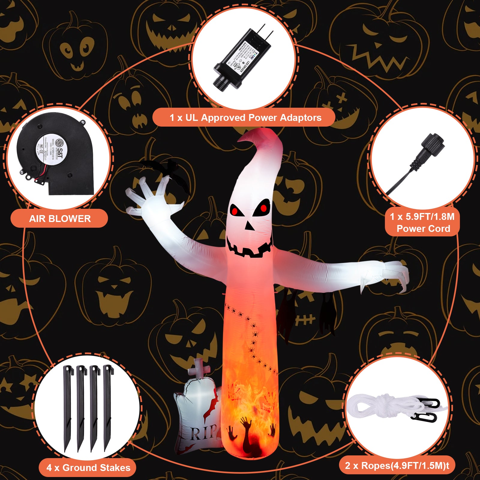 5.7FT Inflatable Halloween Inflatable Crawling Green Ghost with Tombstone Built-in LED Lights Inflatable LED Lights Blow Up Yard Decoration