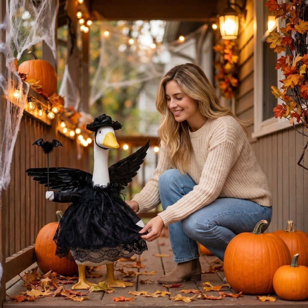 Bat Witch Hat Spiderweb Halloween Goose Clothes Fit 17/23In Cement Plastic Lawn Goose, Stylish Full Set for Outdoor Yard Patio Garden Seasonal Halloween Home Ornamental Arrangement