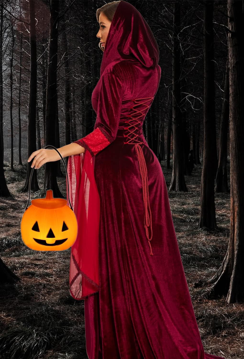 Halloween Witch Costume Women, Deluxe Witch Dress Costume, Vintage Embroidered Renaissance Gothic Hooded Vampire Gown Dress Cosplay Costumes Red S