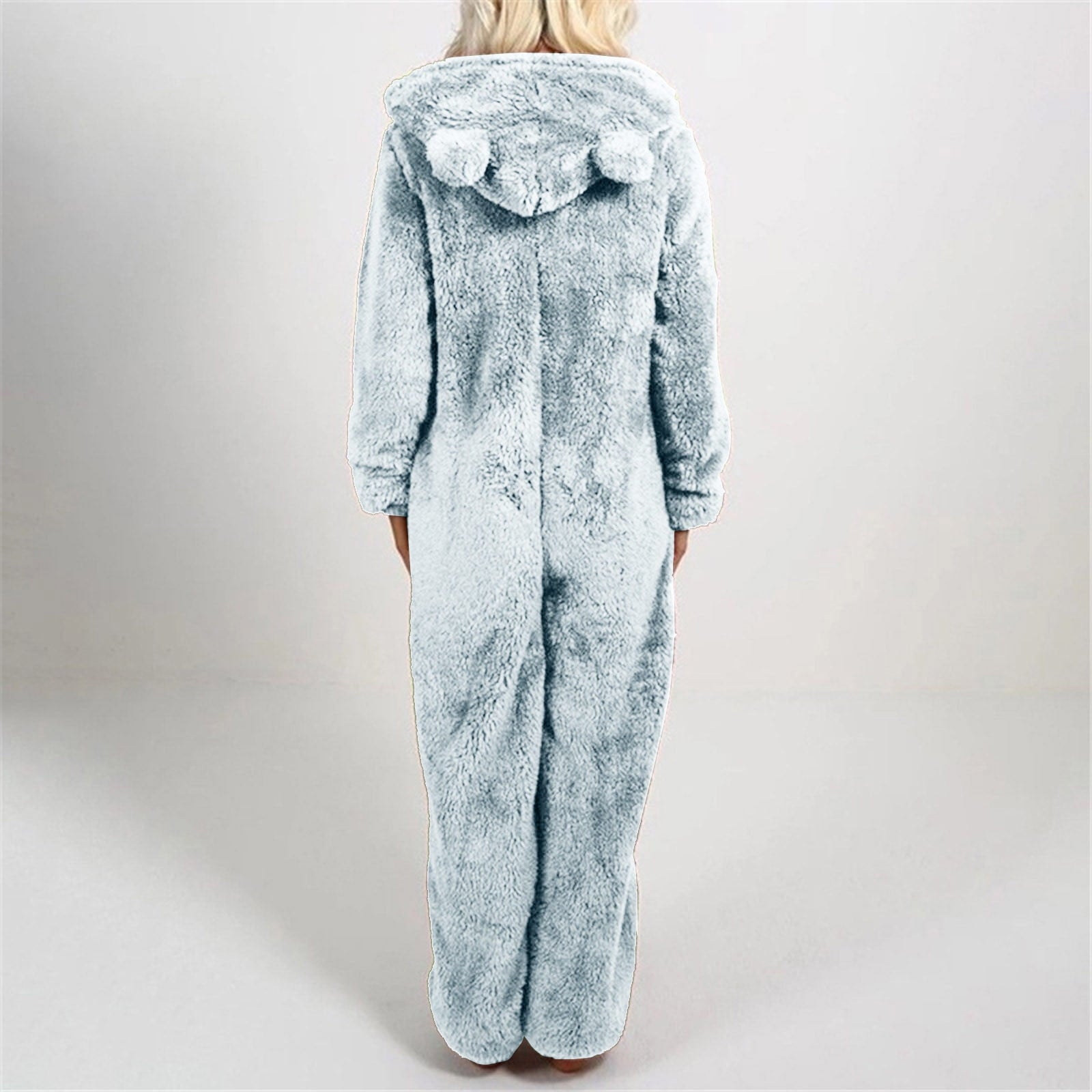 QATAINLAV Sherpa Fleece Jumpsuit for Women Winter Warm Fuzzy Onesie Pajamas Cute Cat Hooded Romper Casual Zip Up Overalls Sleepwear Black XL