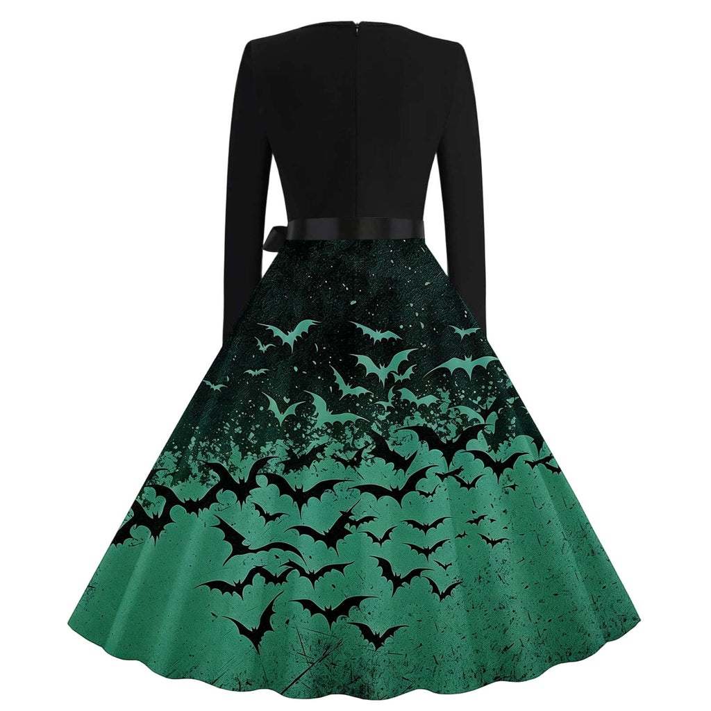 Women's Vintage Halloween Bat Print Swing Dress Long Sleeve 1950s Retro A-Line Midi Dresses with Satin Sash Belt for Gothic Cosplay Evening Prom Party