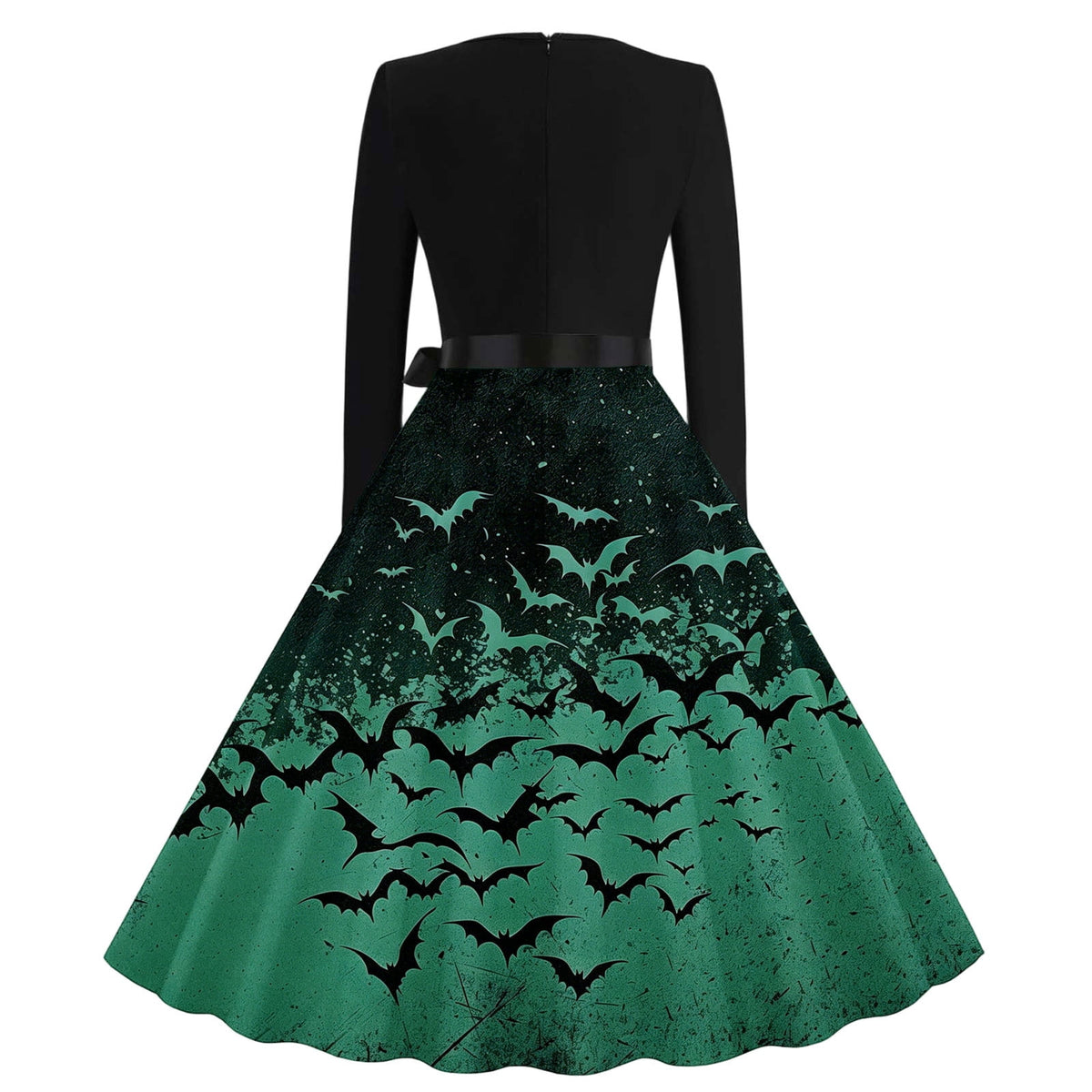 Women's Vintage Halloween Bat Print Swing Dress Long Sleeve 1950s Retro A-Line Midi Dresses with Satin Sash Belt for Gothic Cosplay Evening Prom Party