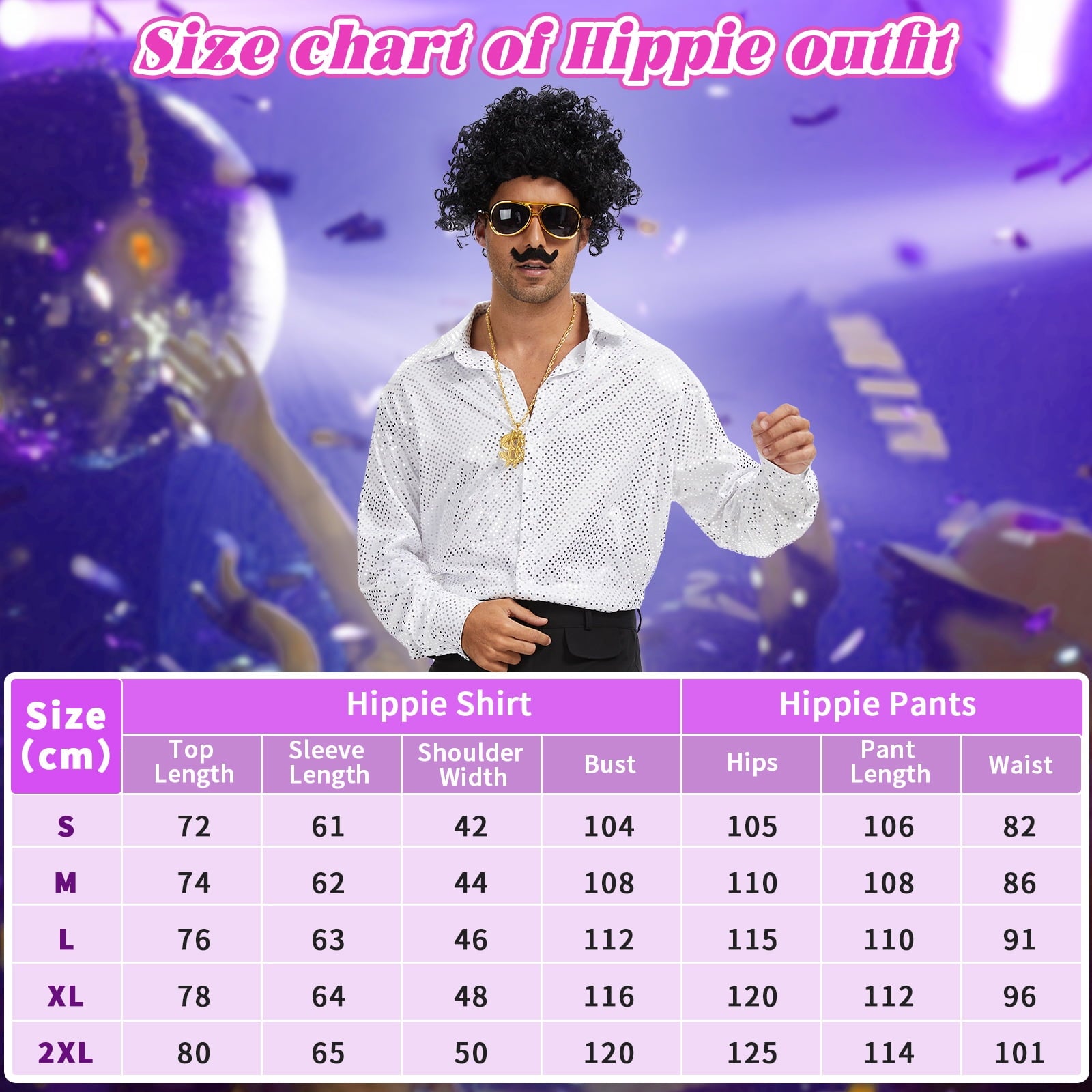 MYATED 70s Disco Costume for Men 6 Pcs Dance Bell Bottom Pants Retro Shirts Wigs Sunglasses Necklace Shirts for Disco Party (Black,L)