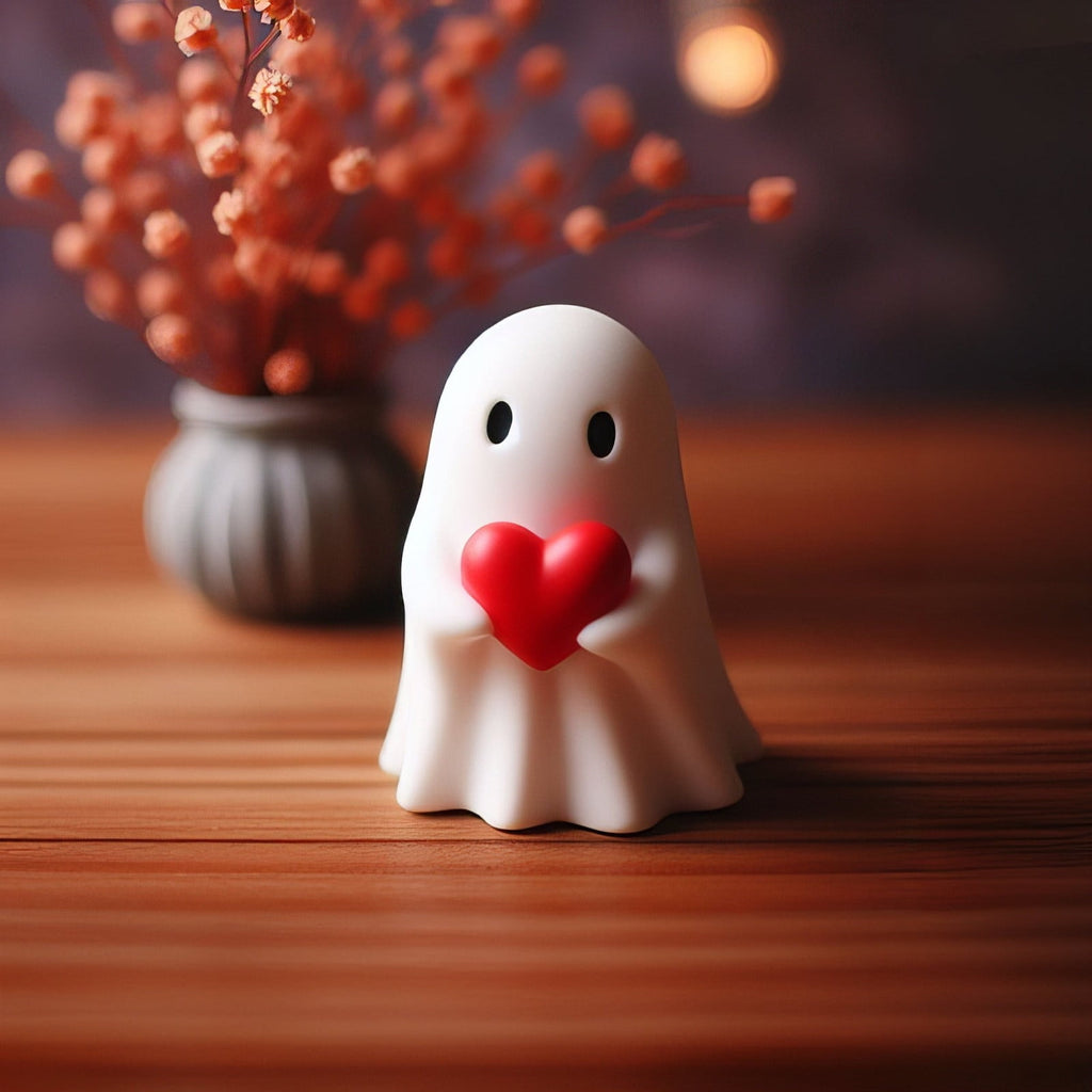 Qxpztk Halloween Cute Ghost Figurine, Spooky Resin Ghost Statue, Mini Ghost Decor for Halloween Decorations, Porch and Indoor Spooky Home Decor Ghost with a Red Heart - B