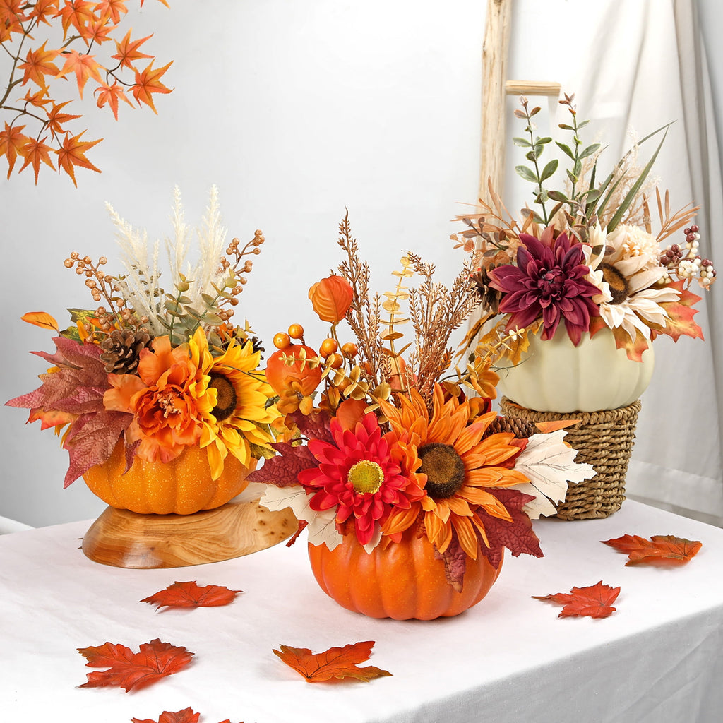 Briful 12.9"Artificial Pumpkin Floral Arrangement with Orange Sunflowers Leaves Fall Table Centerpiece for Harvest Autumn Décor