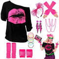 80s Costume for Women,80's Off Shoulder T-Shirt Headband Earring Necklace Fishnet Gloves Legwarmers for Women 80s outfit for 80s Party 22PCS