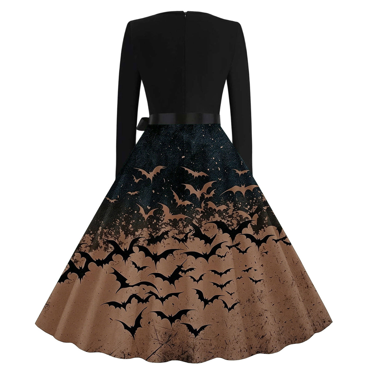 Women's Vintage Halloween Bat Print Swing Dress Long Sleeve 1950s Retro A-Line Midi Dresses with Satin Sash Belt for Gothic Cosplay Evening Prom Party