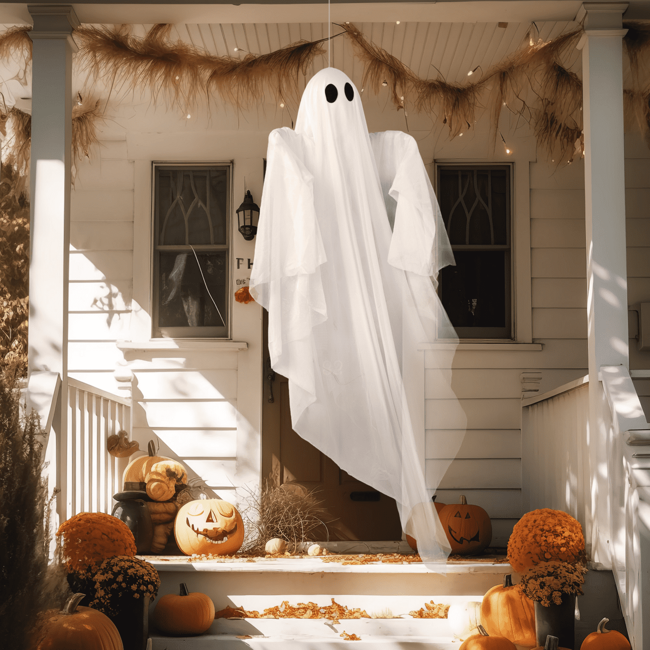 Joyfy 47" Halloween Hanging Light up Ghost Decorations Outdoor,White Ghosts with Blue LED Light and Timer Halloween Hanging Decoration Waterproof for Front Yard Patio Lawn