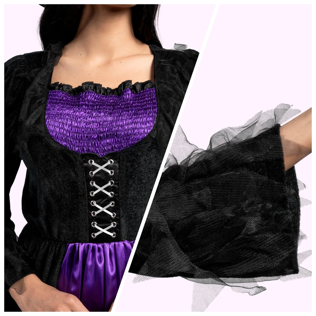 Joyfy Witch Costume for Women, Starry Witch Dress with Belt Hat for Adult Halloween Party Cosplay Dress up