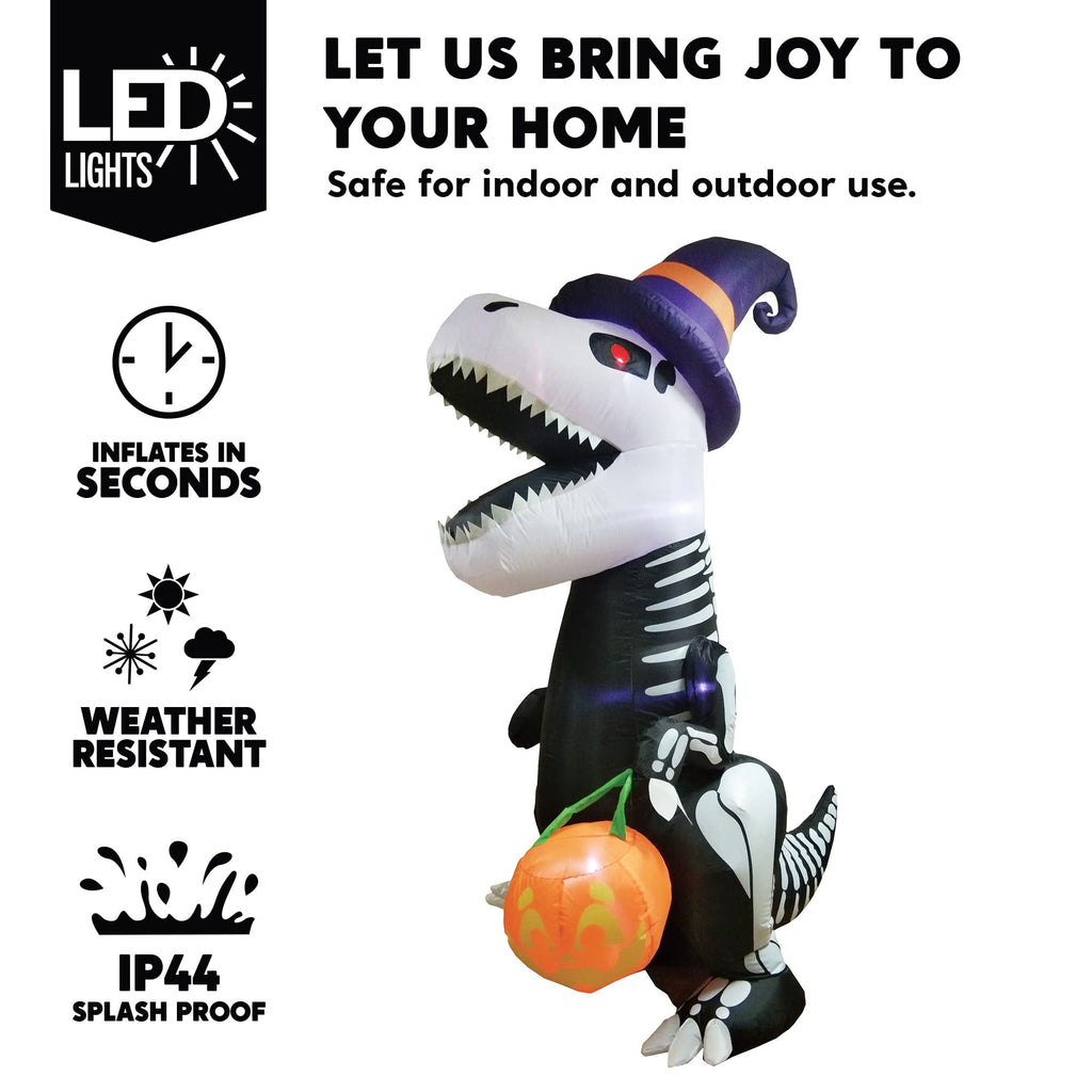 Joyfy 8 FT Halloween Inflatable Skeleton Dinosaur with Build-in LEDs Pumpkin Decorations,Halloween Outdoor Decorations Blow up Yard Decorations