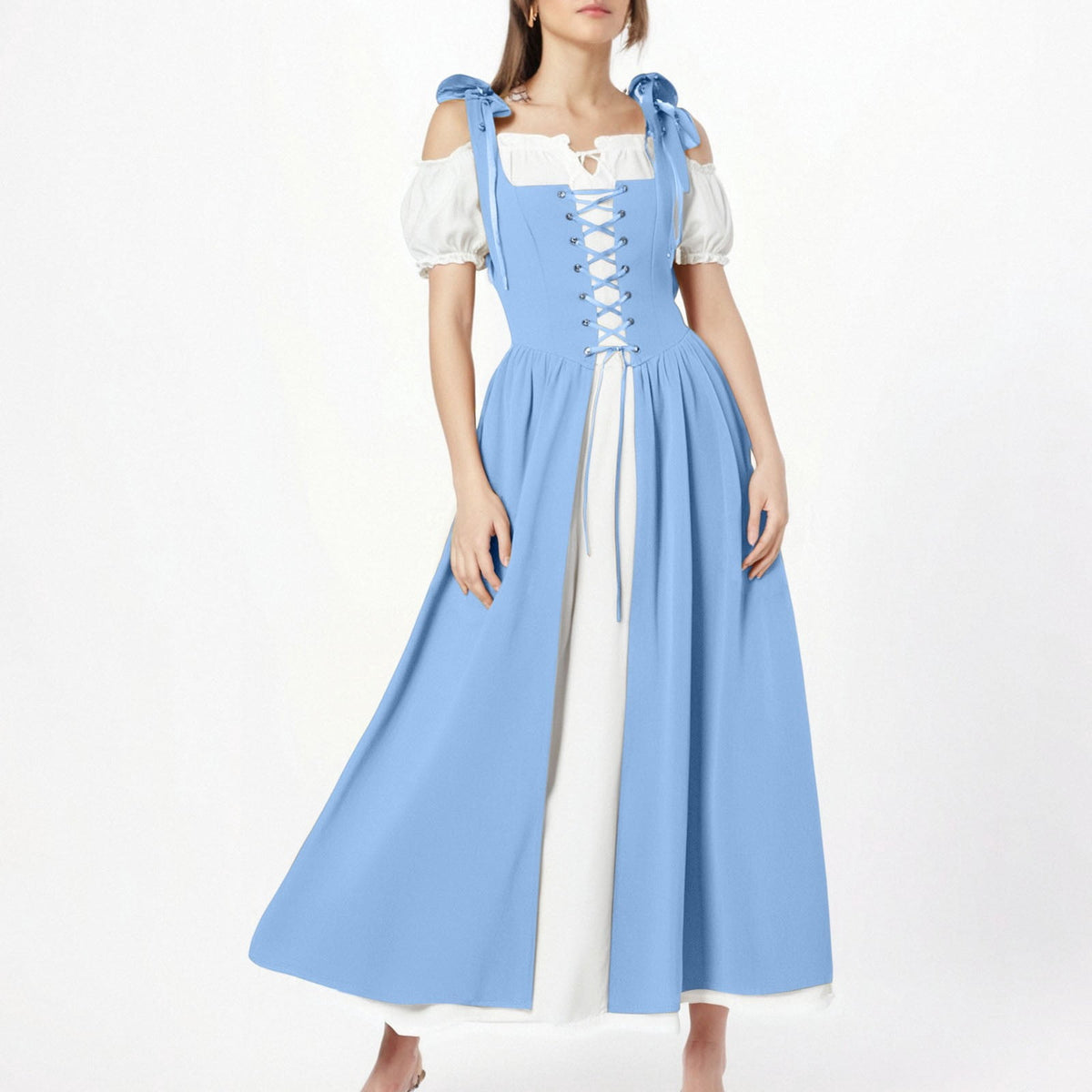 QATAINLAV Renaissance Costume Women Vintage Medieval Dress Cold Shoulder Short Sleeve Peasant Pirate Irish Maxi Dresses, Black, L