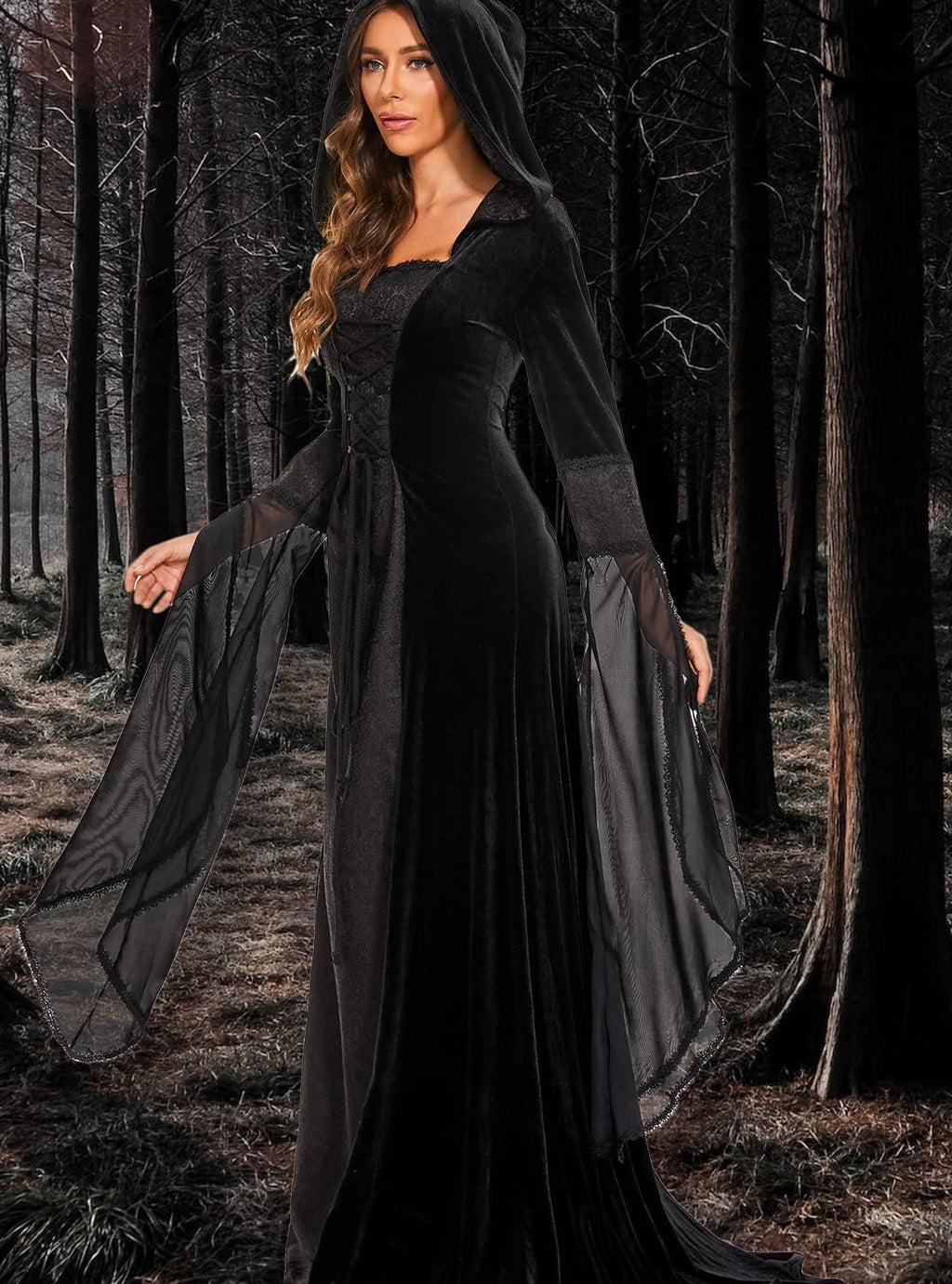 Halloween Witch Costume Women, Deluxe Witch Dress Costume, Vintage Embroidered Renaissance Gothic Hooded Vampire Gown Dress Cosplay Costumes Red S