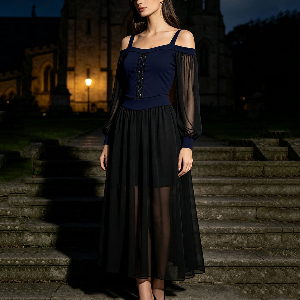 JOANKDMI Women's Gothic Midi Dress Elegant Vampire Costume Cold Shoulder Sheer Long Sleeve Lace-up Corset for Roleplay Halloween Party Outfit Chic, S-3XL