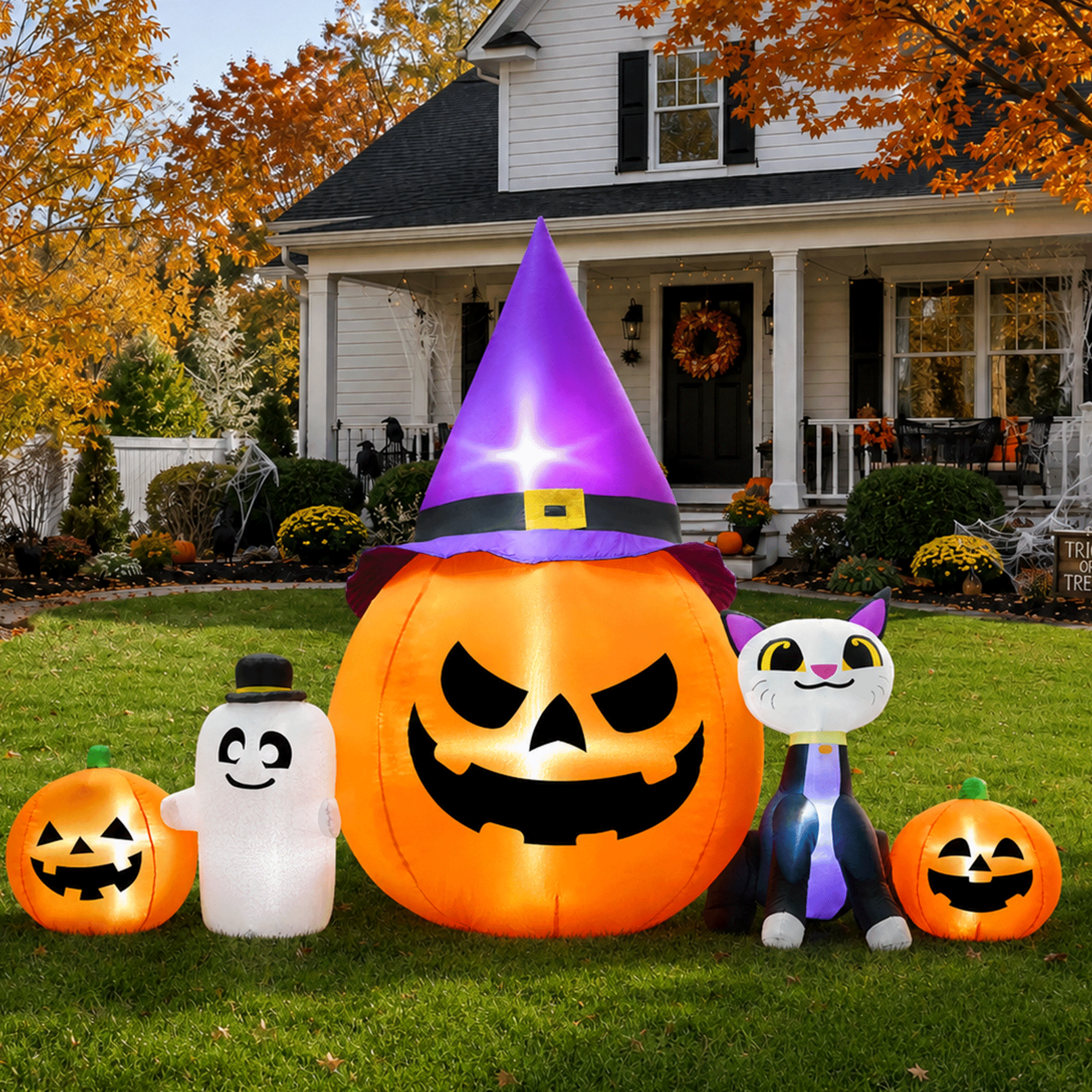 Yexmas 8ft Halloween Inflatable Pumpkins Outdoor Decor with Black Cat and Spectre,Built-in LED Lights,for Halloween Party,Yard,Garden,Lawn