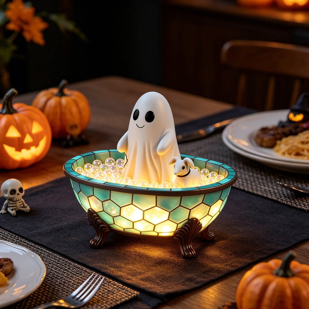 Ghost Bubble Bath LampHalloween Bathroom Decor Gifts Under 20 Bathtub Ghost & Dog Resin Figurine, Warm LED Halloween Tabletop Decor for Bathroom, Bedroom, Kids Room & Fall Home Accent