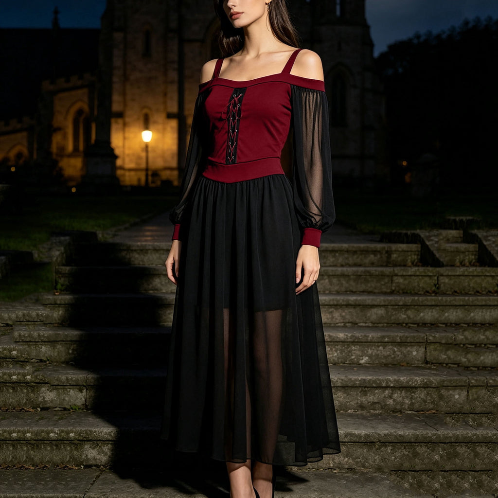 JOANKDMI Women's Gothic Midi Dress Elegant Vampire Costume Cold Shoulder Sheer Long Sleeve Lace-up Corset for Roleplay Halloween Party Outfit Chic, S-3XL