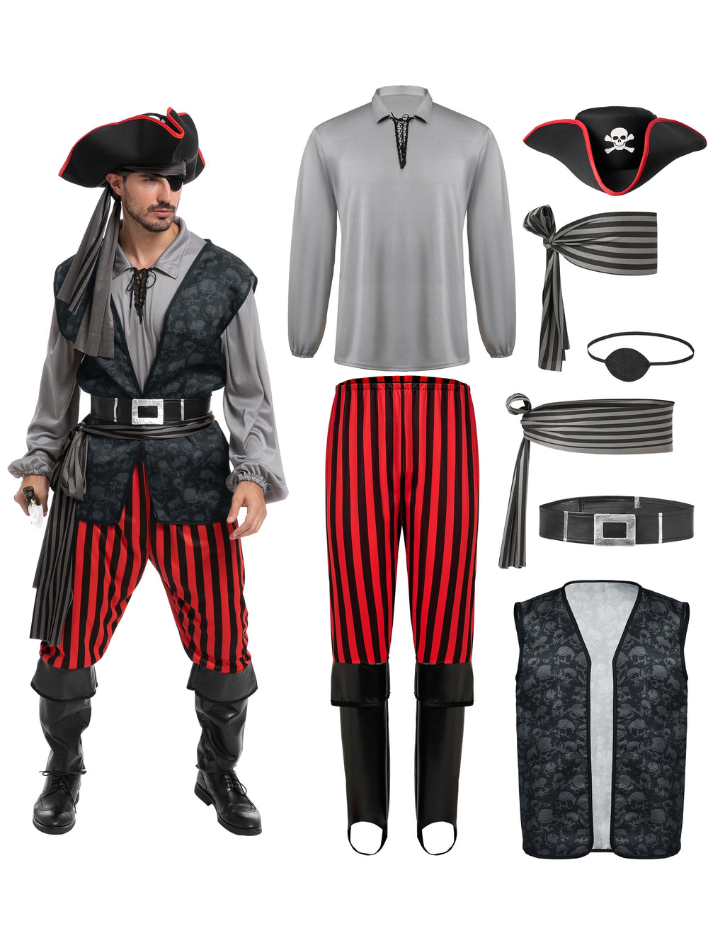 Joyfy Men Pirate Costume Plundering Sea Captain Set for Adults Halloween Themed Parties