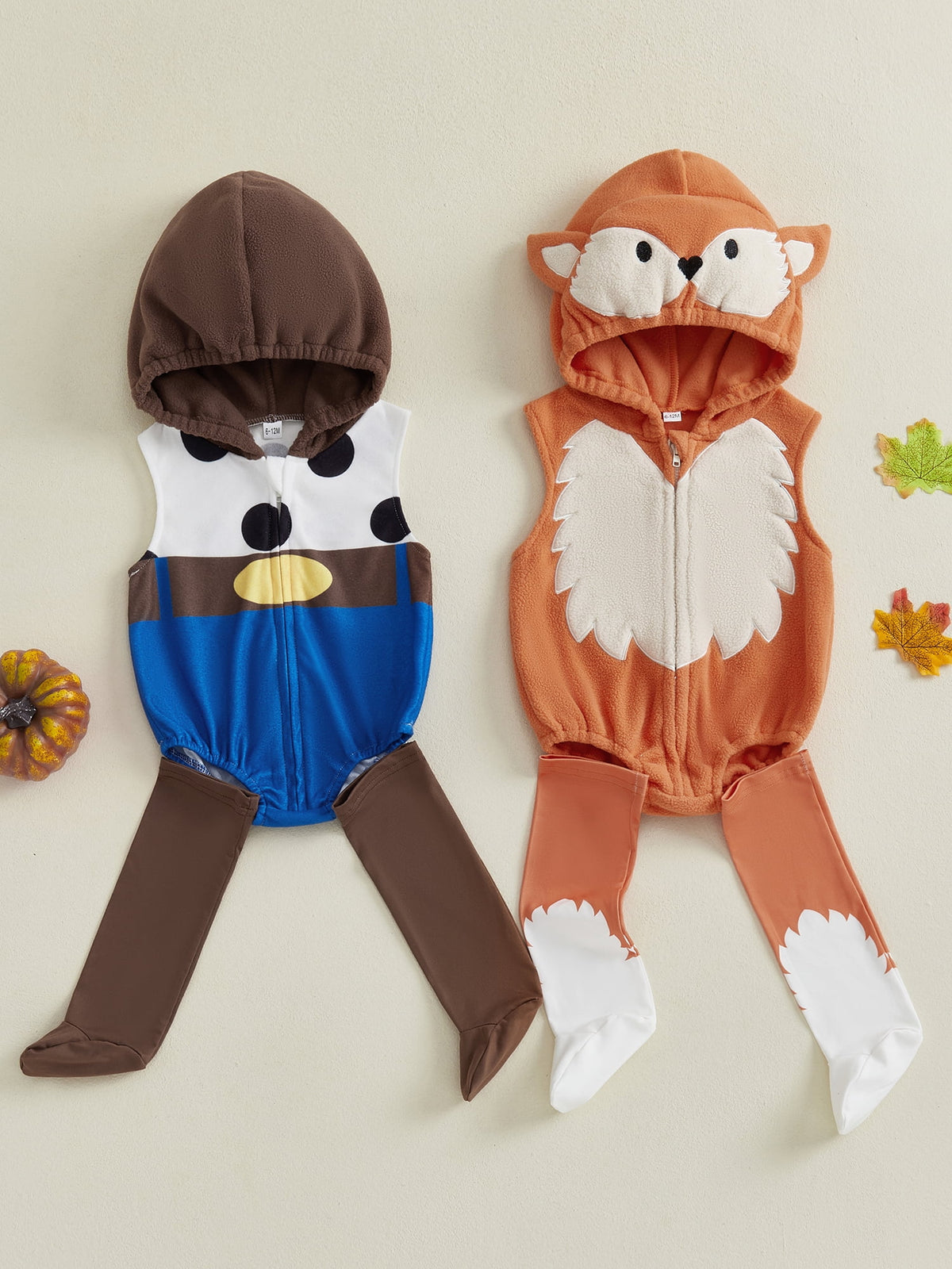 Cjfdfy Newborn Baby Boy Girl Halloween Animal Costume Infant Baby Fox Puppy Dog Frog Poached Egg Costume Fall Winter Sleeveless Hooded Zipper Romper Leg Warmers Set Toddler Halloween Cosplay Outfits