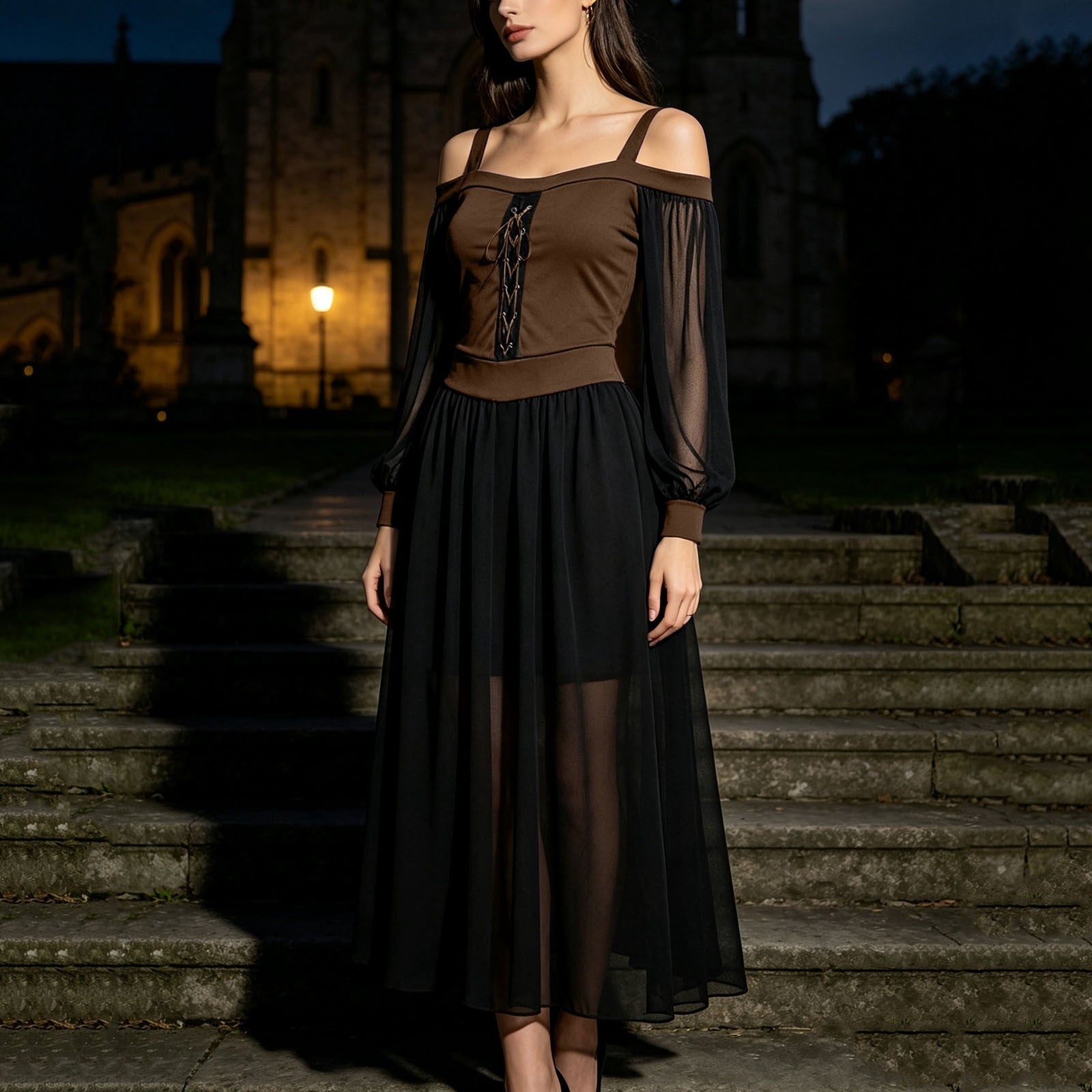 JOANKDMI Women's Gothic Midi Dress Elegant Vampire Costume Cold Shoulder Sheer Long Sleeve Lace-up Corset for Roleplay Halloween Party Outfit Chic, S-3XL