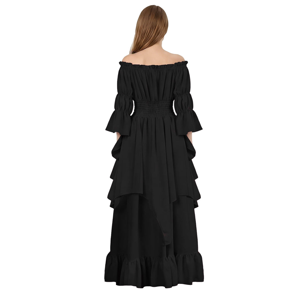 IROOZIGOTO Womens White Medieval Renaissance Maxi Dress Off Shoulder Long Flare Sleeve with Brown Lace Up Corset Belt Halloween Cosplay Costume