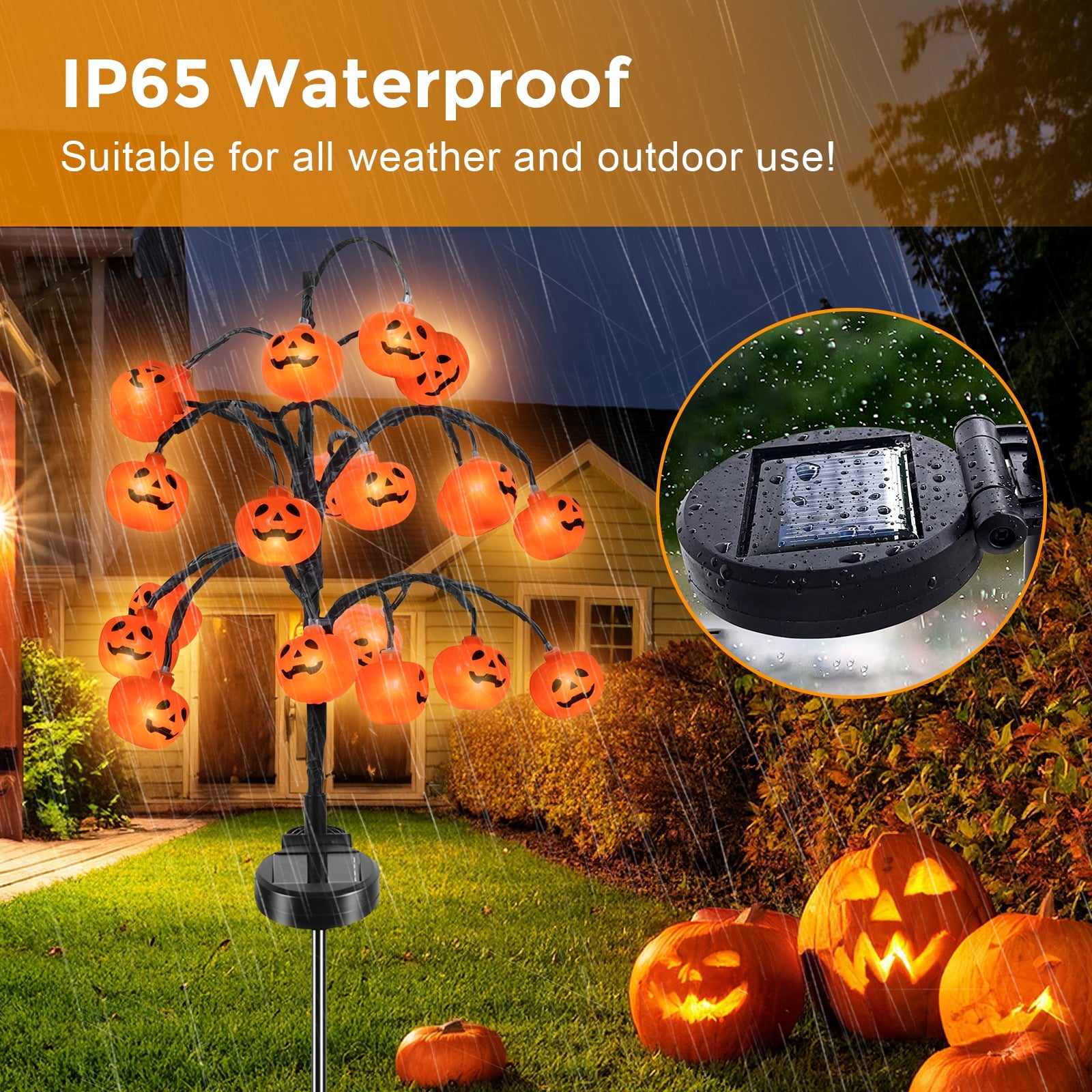 Qoosea 2 packs 40 LEDs Solar Halloween Pumpkin Stake Lights, 2 Modes Outdoor Waterproof Halloween Decorations, Solar Halloween Lights Stakes for Garden Yard Pathway