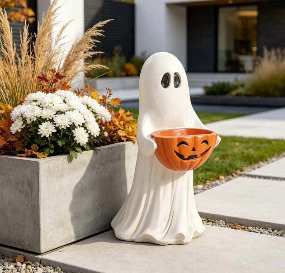 13.7" Halloween Ghost Figurine with Pumpkin Candy Bowl, Indoor Outdoor Safe Ghost Statue for Porch Yard Garden Decoration, Freestanding Halloween Porch Decor