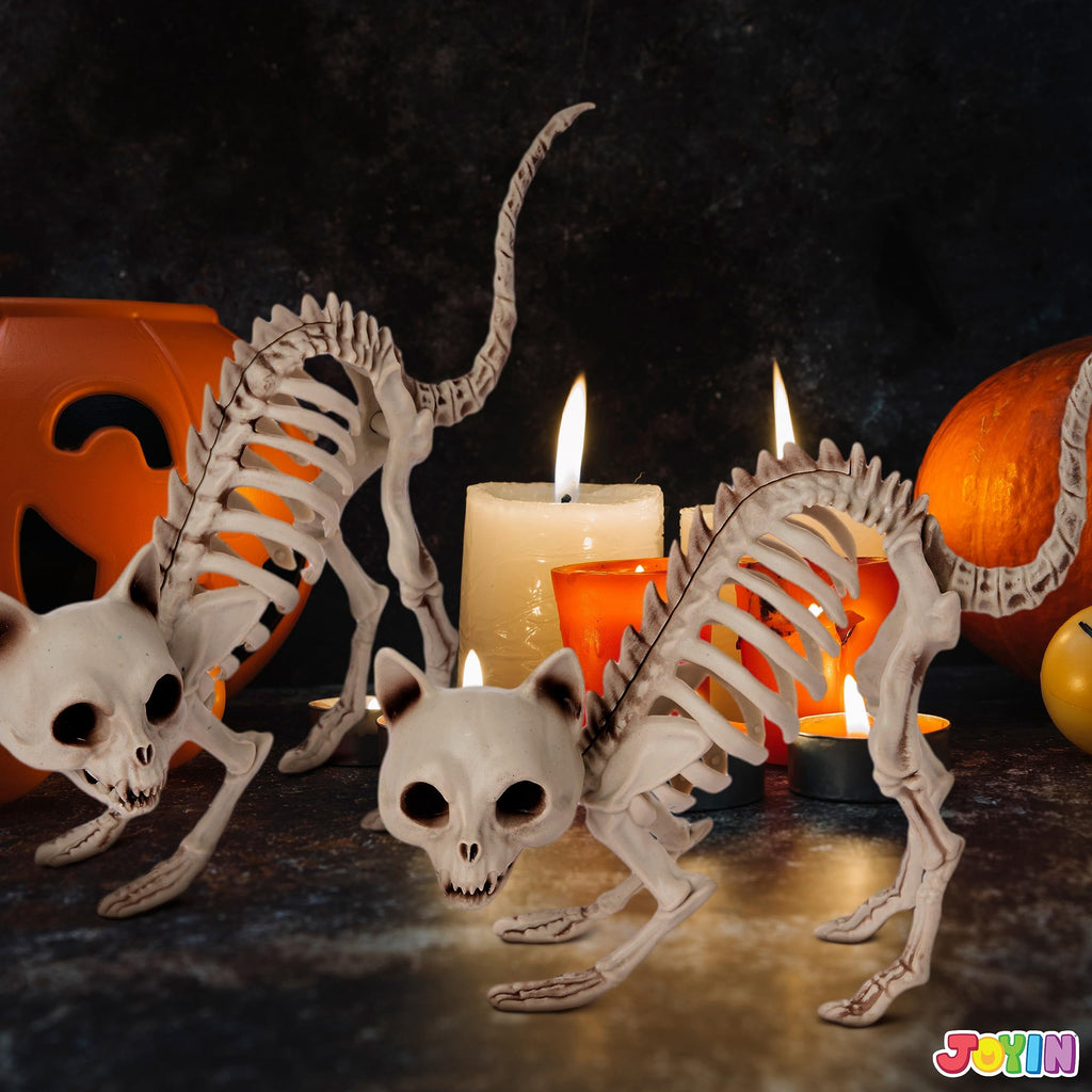 Joyfy 2 Pcs Cat Skeleton Halloween Decoration,7 Inch Posable Plastic Animals Halloween Skeleton for Indoor Outdoor Halloween Decorations,Haunted House Party Props