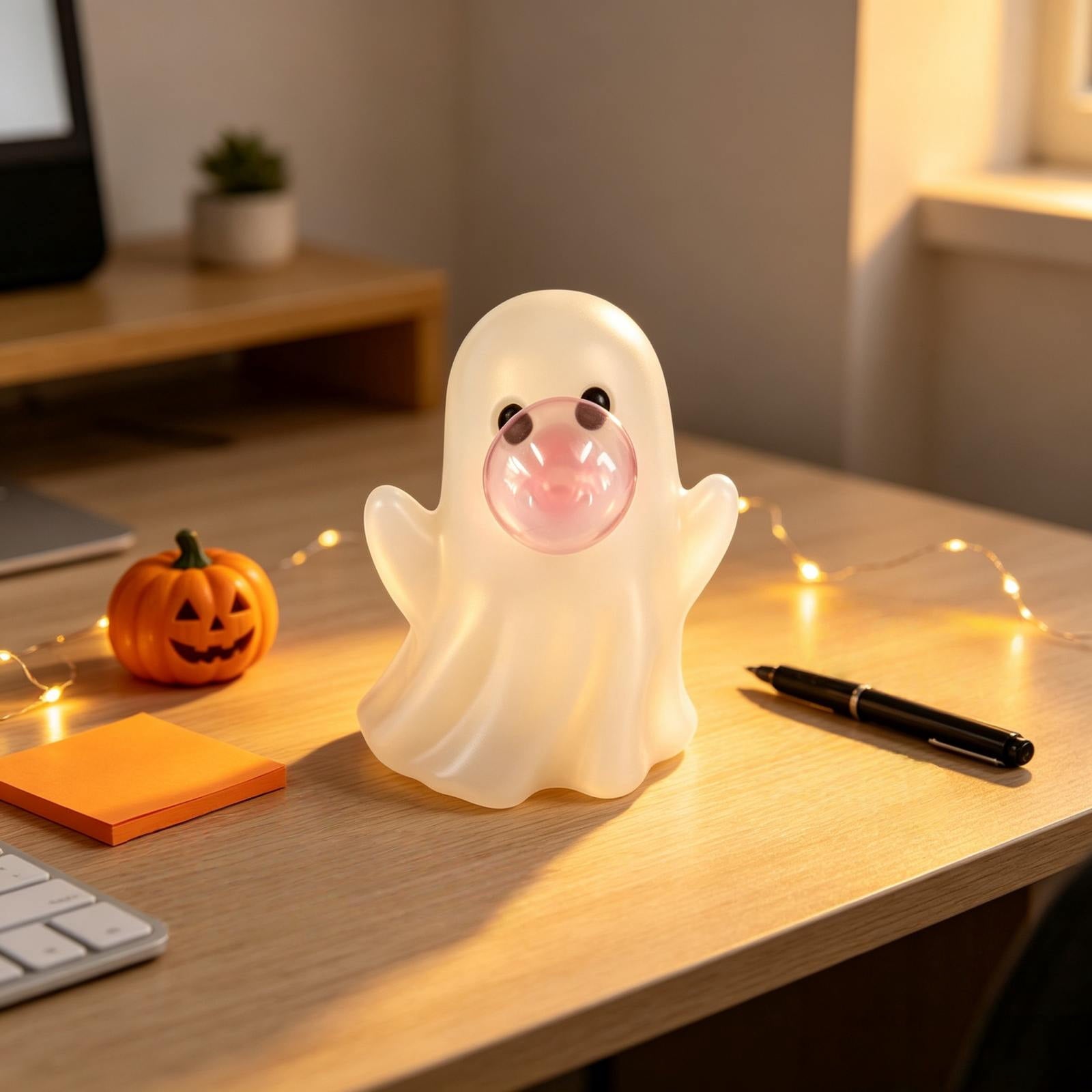 Cute Reading Ghost in Teacup Figurine, Resin Ghost Statue with Pink Bow Heart Floral Cup, Table Centrepiece Tiered Tray Desk Shelf Decor, Small Halloween Decorations, 4.5 Inch