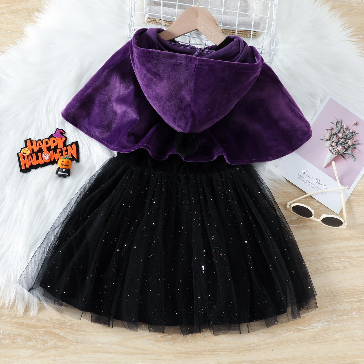 WIBACKER 1-6T Toddler Girls Witch Costume Kids Halloween Party Cosplay Ball Gown Tulle Dress with Plush Hooded Cape Shawl Set