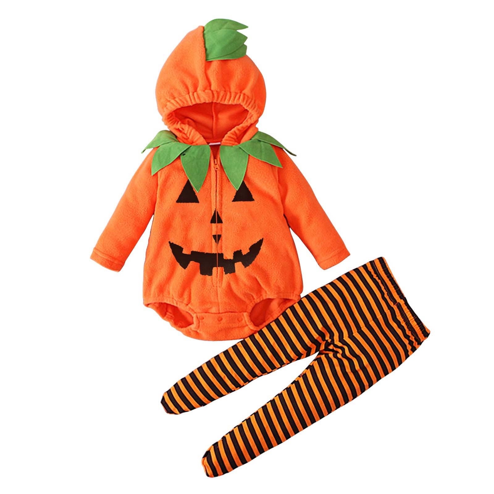 Newborn Infant Cute Jack-O-Lantern Costume Halloween Bodysuit and Striped Leggings Set Fall Holiday Fancy Dress Up Outfit for Boys Girls Party Festival