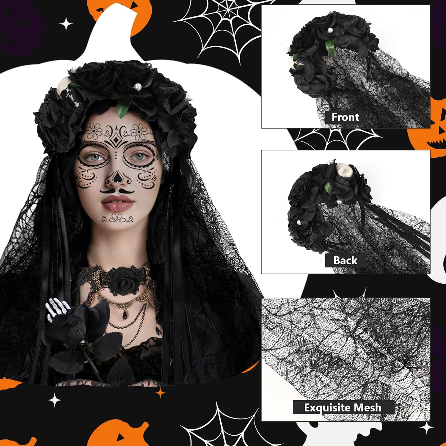 HIFOT 6pcs/set Spider Costume Adult Spider Web Poncho Tights Spider Necklace Chocker Earings Mask and Witch Hat Halloween Costumes for Women