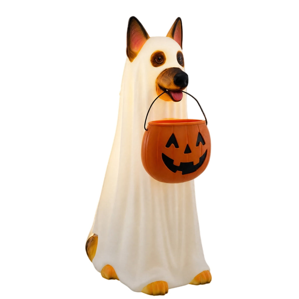 Halloween Dog Greeter - Frenchie 7.9in Resin Witch Dog with Light-Up Pumpkin, Spooky Fall Decor, Indoor Outdoor Tabletop Decoration